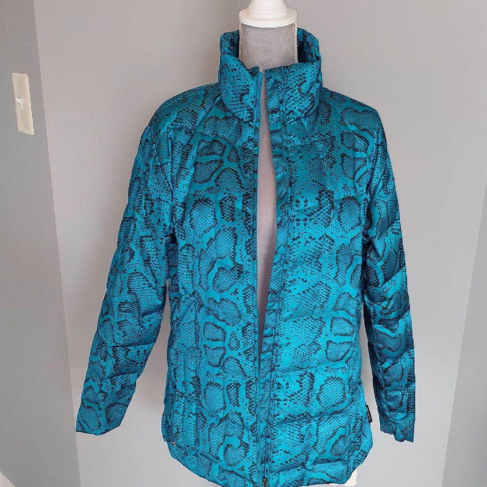 Obermeyer Teal Snake Print Down Puffer Jacket Zip Front, Size XL women